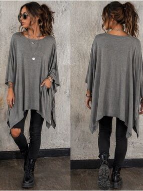 Three Bird Nest Gray Oversized Tunic Boho Slouchy Draped Top OS